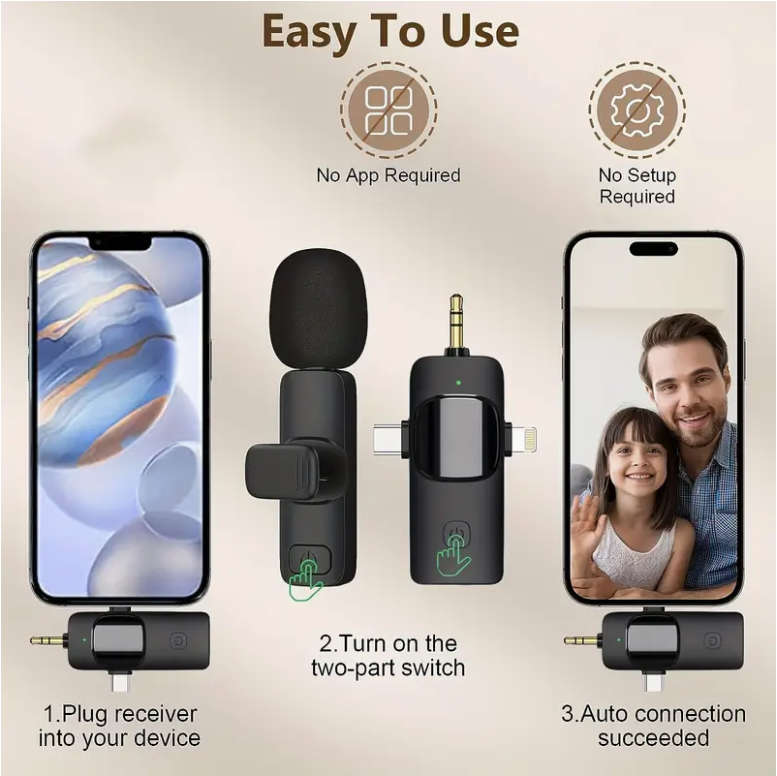 3 in 1 Wireless Lavalier Microphones Noise Canceling Mic - 2 Pack