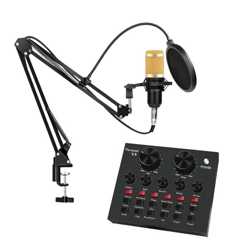 Professional Recording Microphone Soundcard Set M800 Pro Condenser Microphone Kit V8 Sound Card Gold