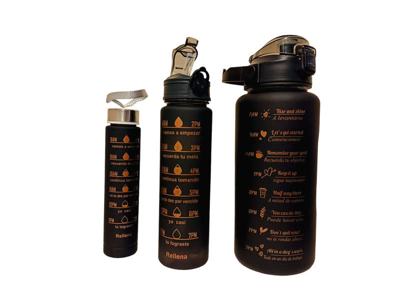Black Motivational Water Bottle - 3 Piece