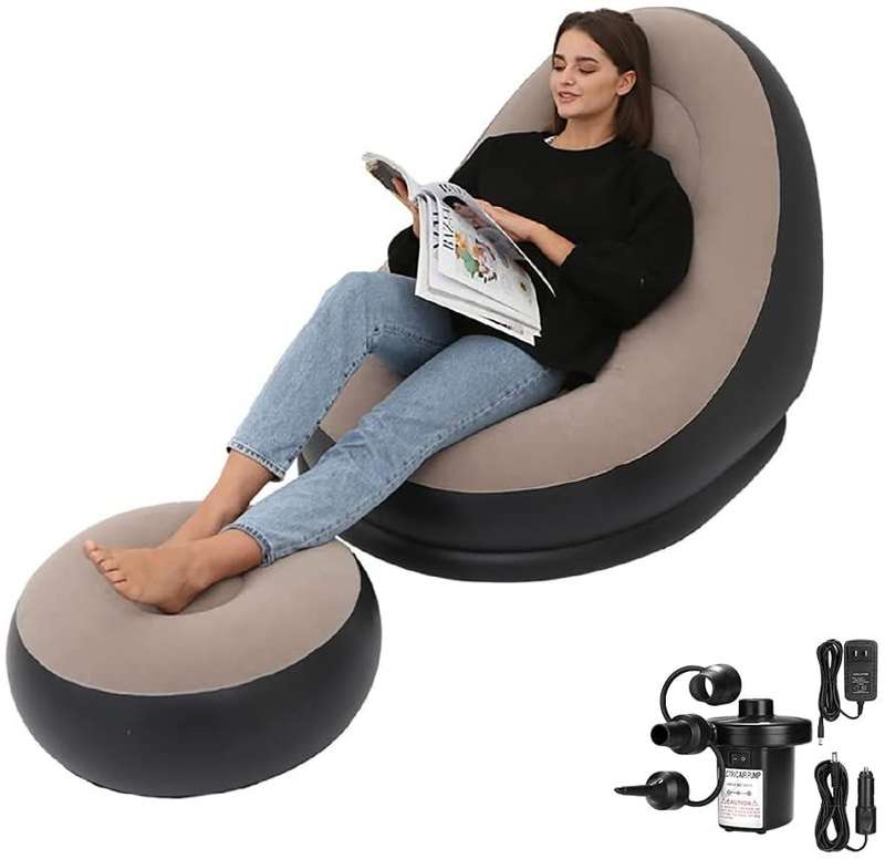 Portable Inflatable Sofa With Footrest - Beige and Black