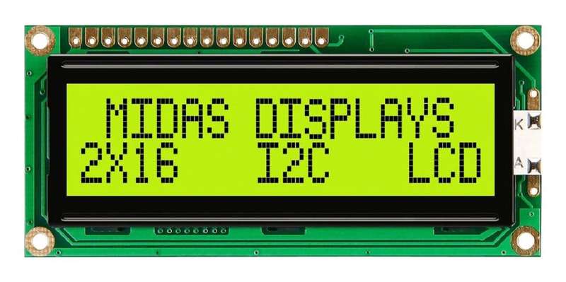 Midas (MC21605C6W-SPTLYI-V2) Alphanumeric LCD, Black on Yellow / Green