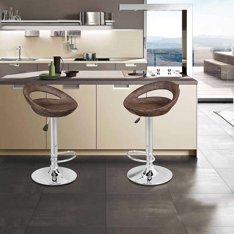 Bar Stools -Rattan Backrest Adjustable Swivel Gas Lift Chair-Brown Colour