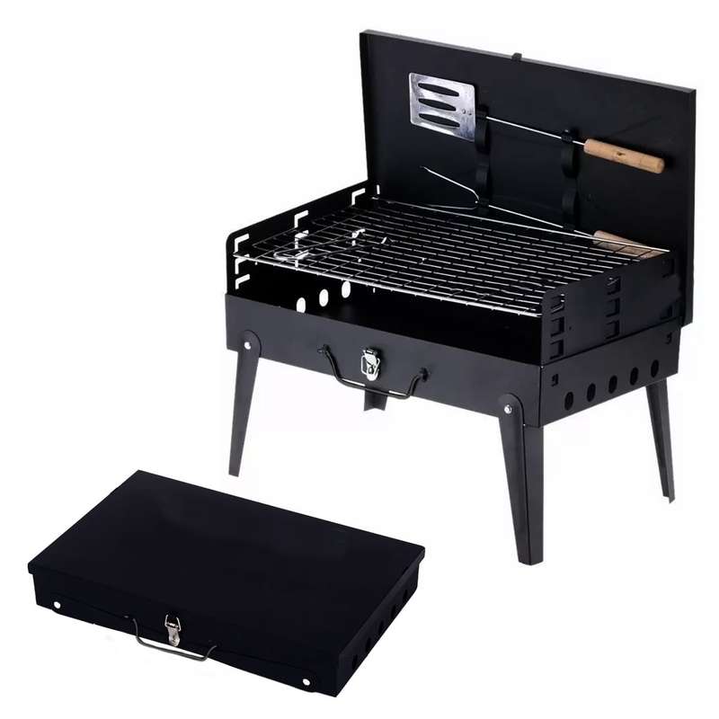 Portable Charcoal Grill Kit - Folding BBQ Grill with 1 Spatula, 1 Fork