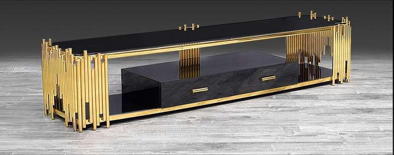 Smart TV/ Plasma Stands - Tempered Glass Top - Wooden Drawers - Gold