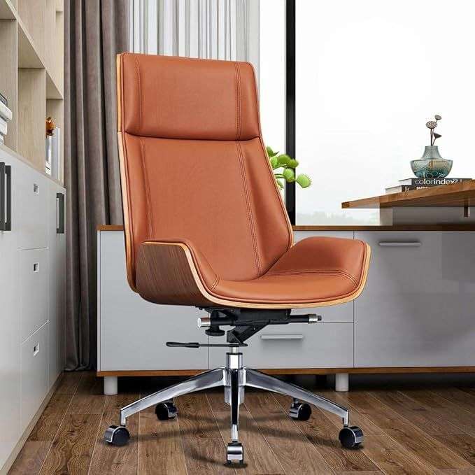 Office Chairs - Executive Brown Wooden Base Microfiber Leather Top - Walnut