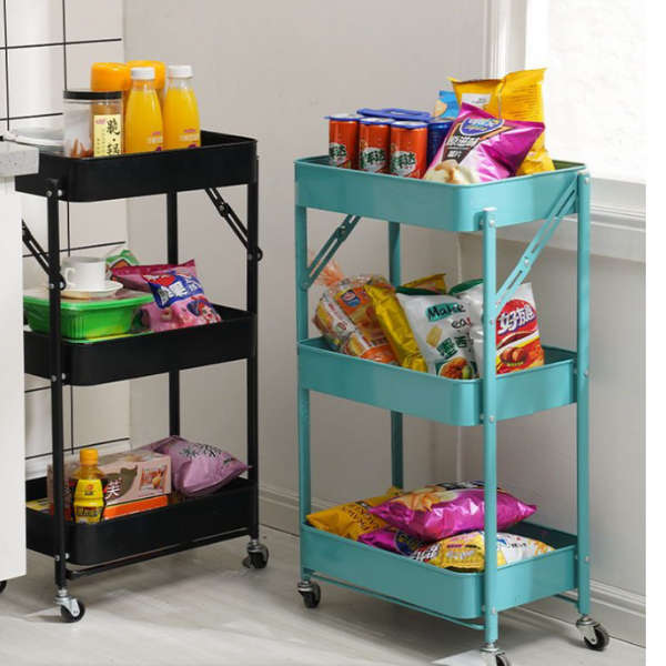 3 Tier Metal Rolling Cart Utility Cart- Black
