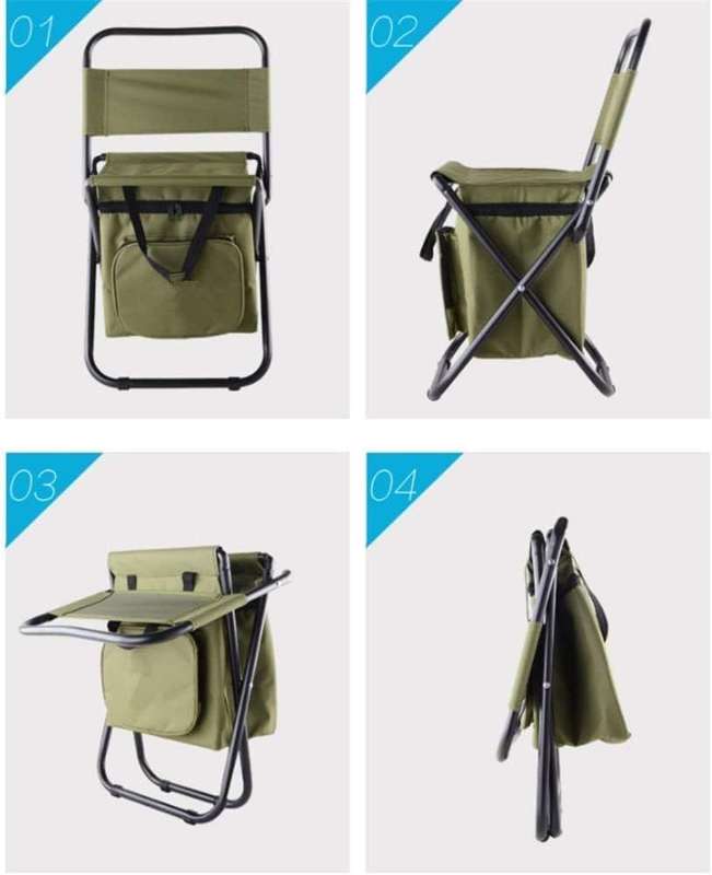Foldable Fishing Chair & Cooler Bag Camping Sport Patio Picnic Outdoor Gift - Army Green