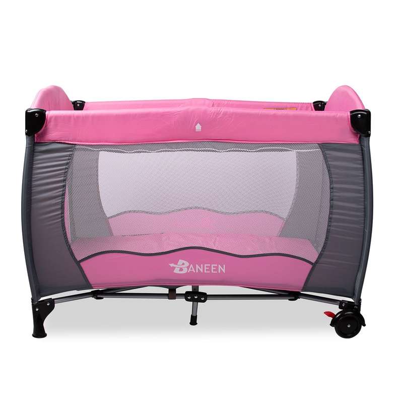 Baby Cot Crib w/ Diaper Changer, Net, Toys and Game Entrance - Pink