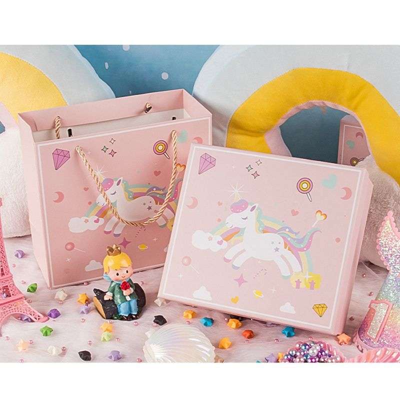 Rainbow Unicorn Gift Box With Lid And Shredded Paper Filler - Blue - S