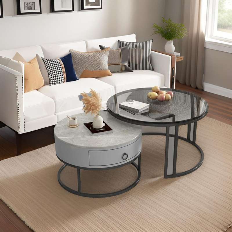 Modern Round Nesting Glass Top Coffee End Table and 1 Drawer Table