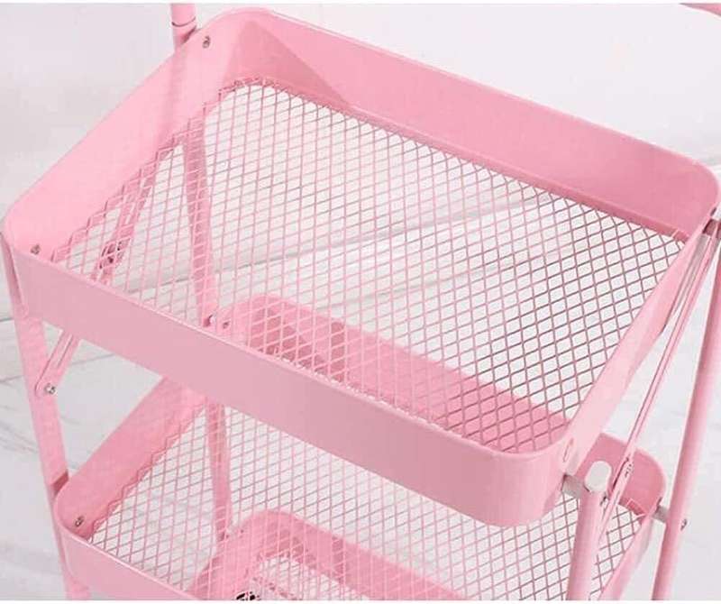 3 Tier Metal Rolling Cart Utility Cart- pink