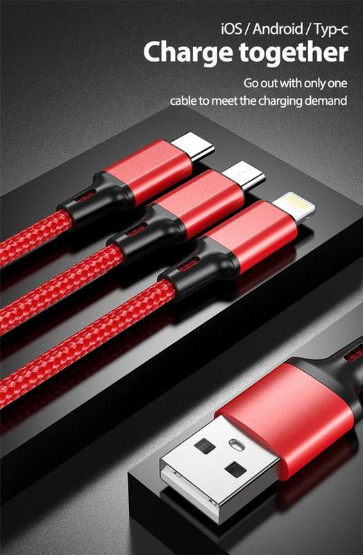 Charger Cable - Nylon Braided 3 in 1 USB A Fast Charging (SILVER)