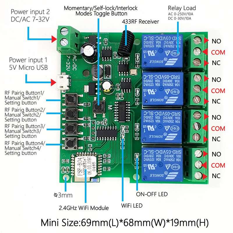 DC WiFi + RF 4-way Switch Module Inching/Momentary/Self-Locking/Interlock