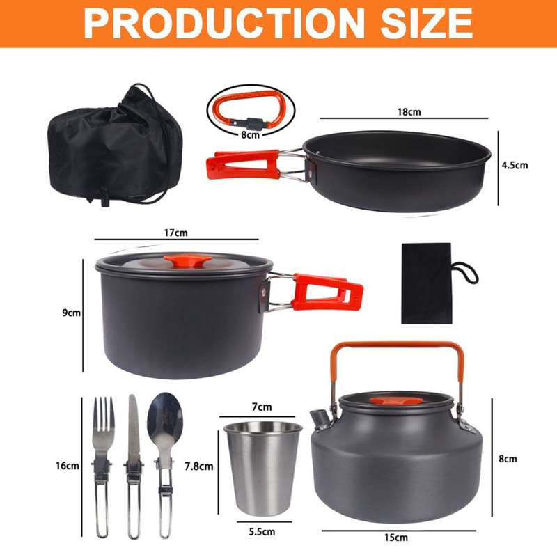 10 Piece Camping Cookware Mess Set Foldable Pot Pan Kettle Aluminum Outdoor