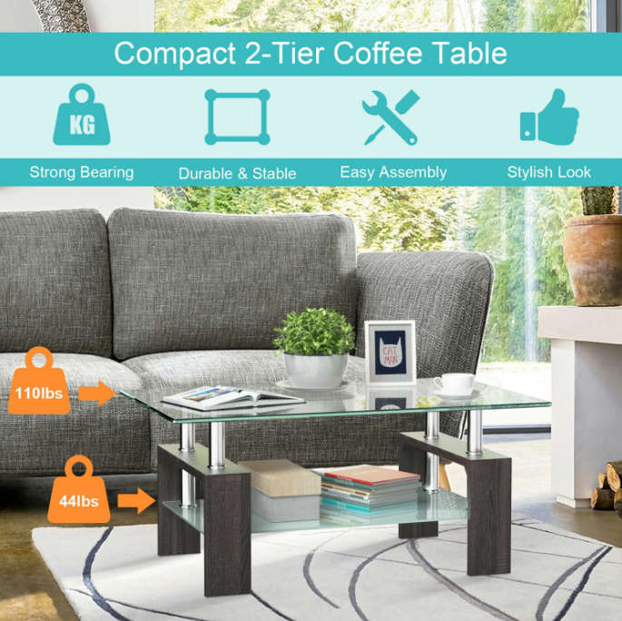 Modern two tier glass coffee table in - Grey