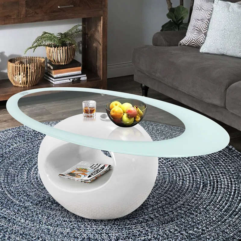 Coffee Tables - Oval Rounded Tempered Glass - White Colour