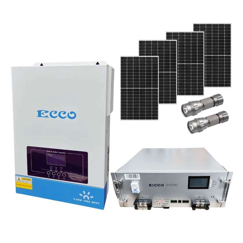 Ecco 5.5kw Invertor 48V Lithium Battery, 4 550w Solar Panel and Stier Torch