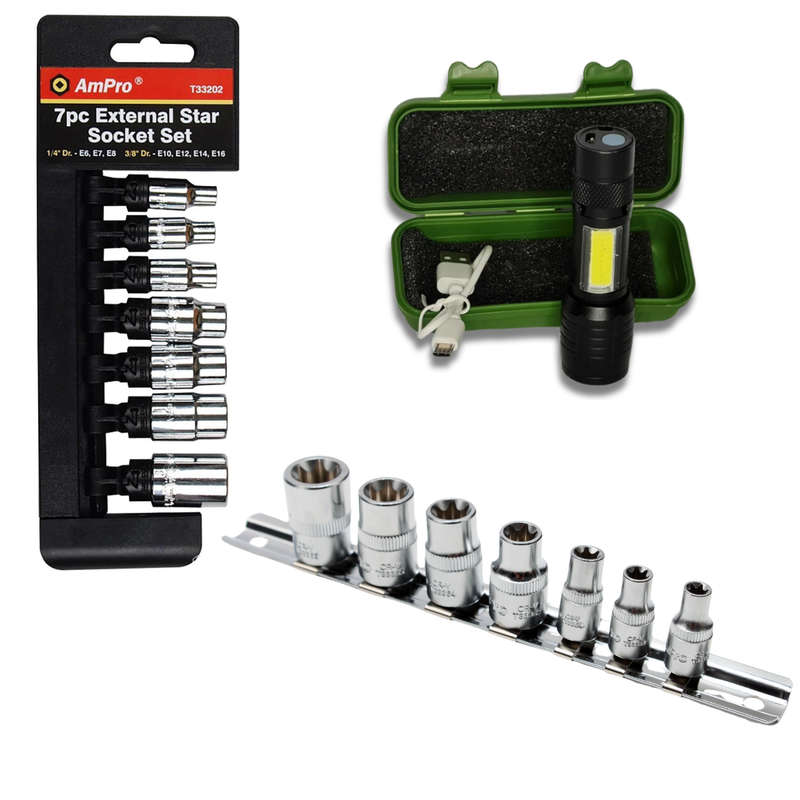 Ampro 7 Piece 1/4` And 3/8` Dr External Star Socket Set And Torch