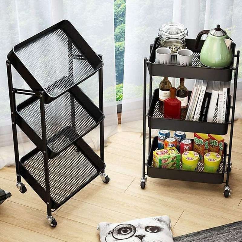 3 Tier Metal Rolling Cart Utility Cart- Black