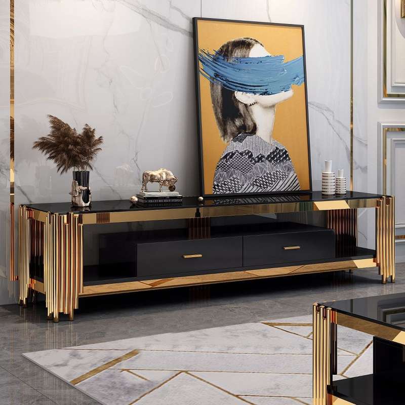 Smart TV/ Plasma Stands - Tempered Glass Top - Wooden Drawers - Gold