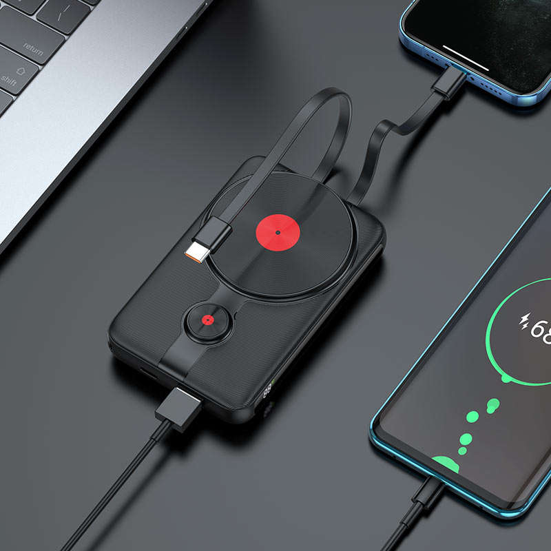 Hoco. Compact 10000 mAh Wireless+ Built-in Wired PowerBank with Display-J92 - Black