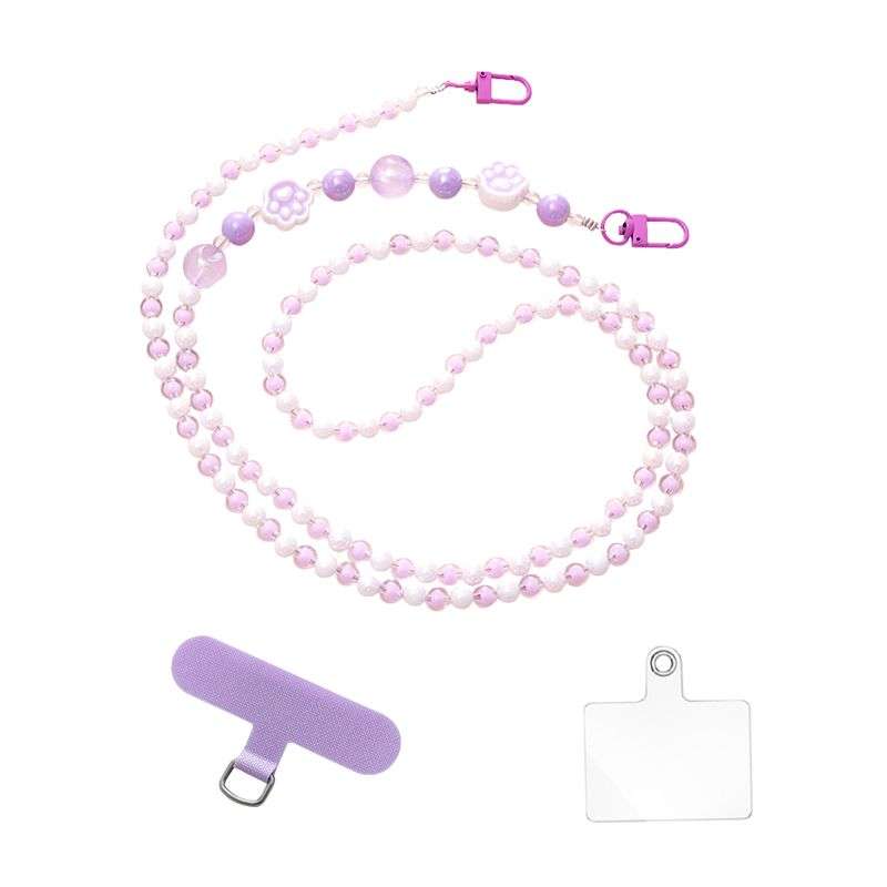 Bigfive Long Phone Lanyard Beads Chain With 2Pcs Back Patch - Pink