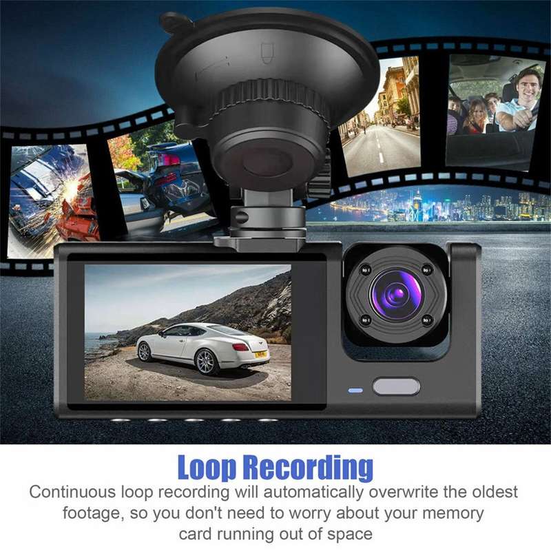 3 Channel DVR Dashcam with Front interior and Rear cameras AND 32GB TF Card