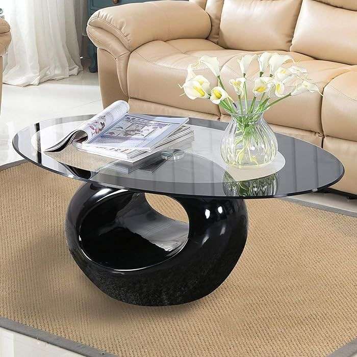 Coffee Tables - Oval Tempered Glass Top - Black Base Colour