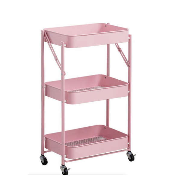 3 Tier Metal Rolling Cart Utility Cart- pink
