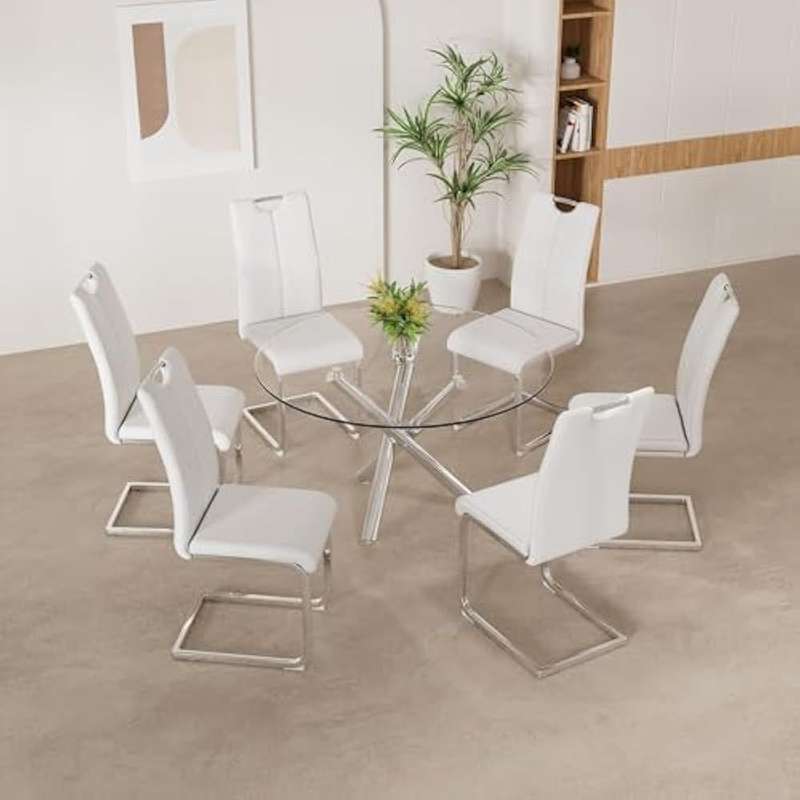 Faux Leather with Silver Metal Legs Dining Chairs - 6 Pack - White