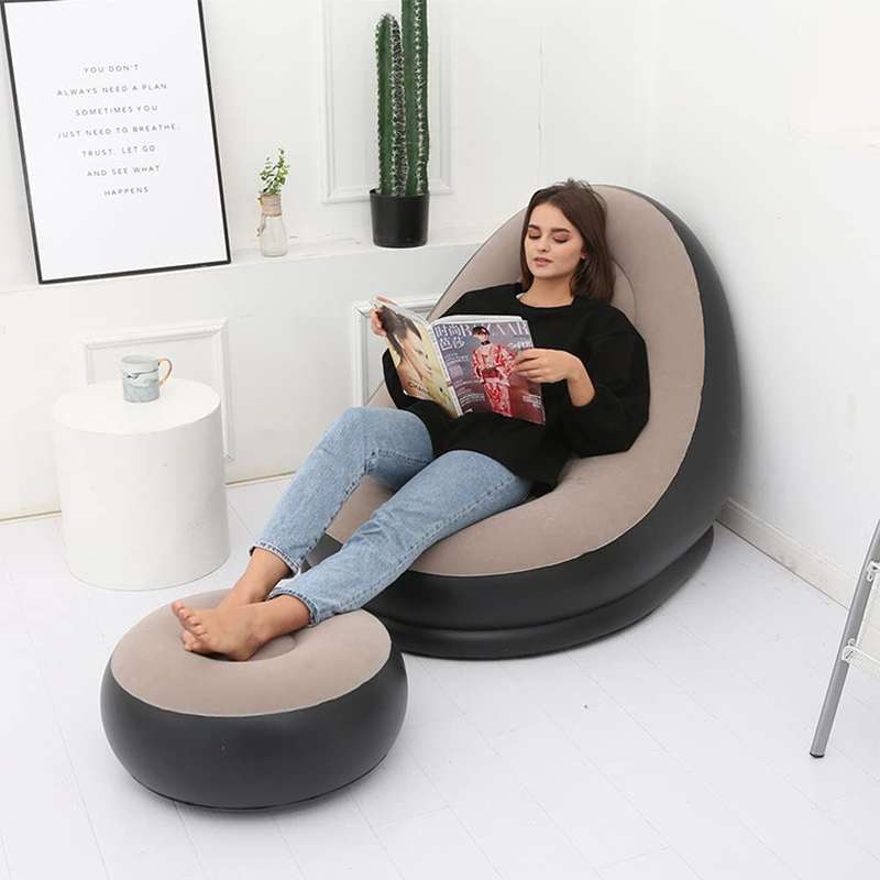 Portable Inflatable Sofa With Footrest - Beige and Black