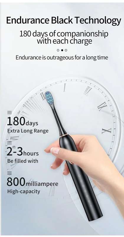 Rechargeable Ultrasonic Electric Toothbrush with 2 Brush Heads - Black