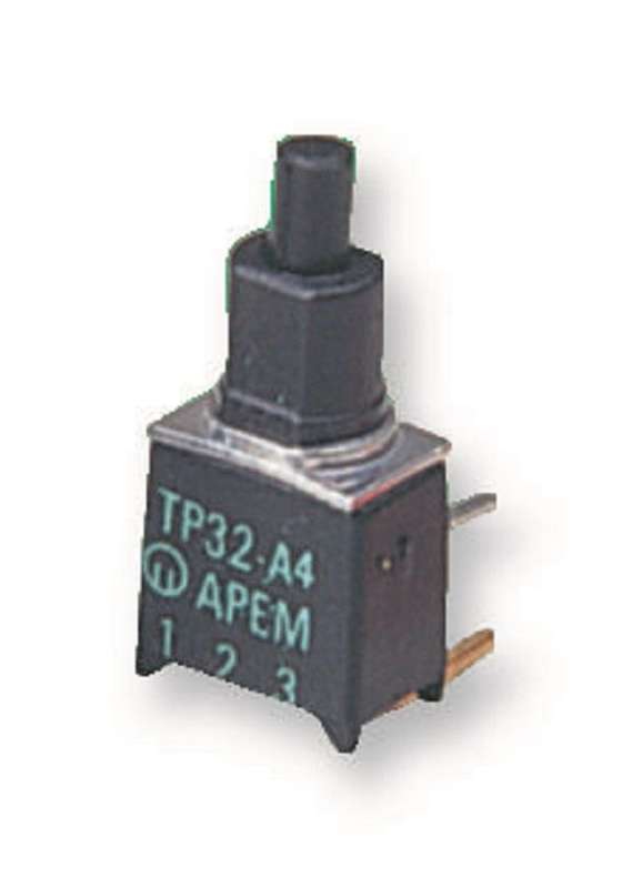 Apem (TP33W0080) Pushbutton Switch, TP, SPST-NO, Off-(On), Plunger, Black