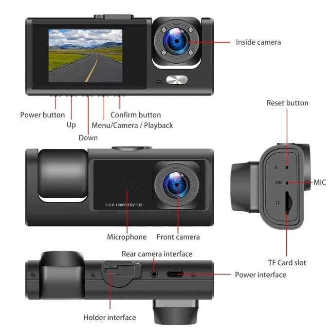 3 Channel DVR Dashcam with Front interior and Rear cameras AND 32GB TF Card