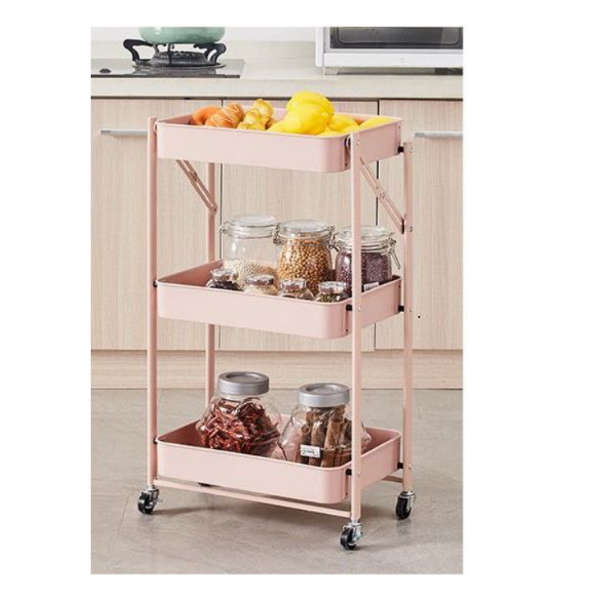 3 Tier Metal Rolling Cart Utility Cart- pink