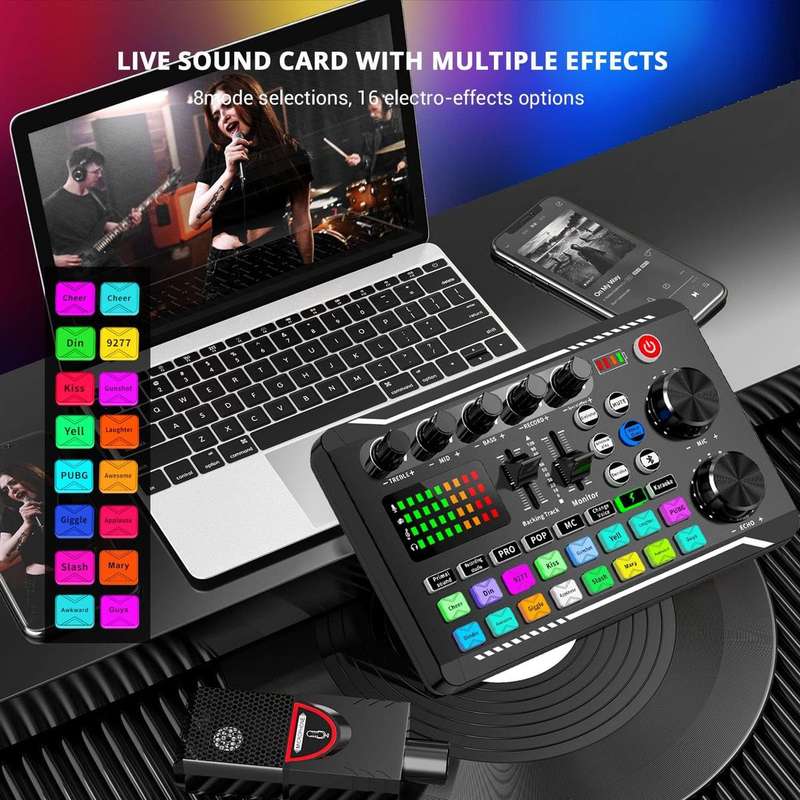 Live Sound Card Audio Mixer, Podcast Audio Interface with DJ Effects