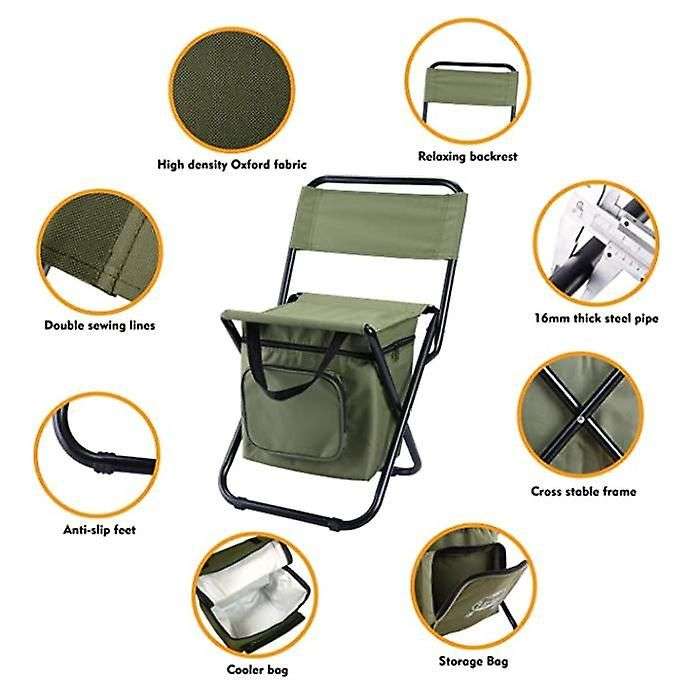 Foldable Fishing Chair & Cooler Bag Camping Sport Patio Picnic Outdoor Gift - Army Green