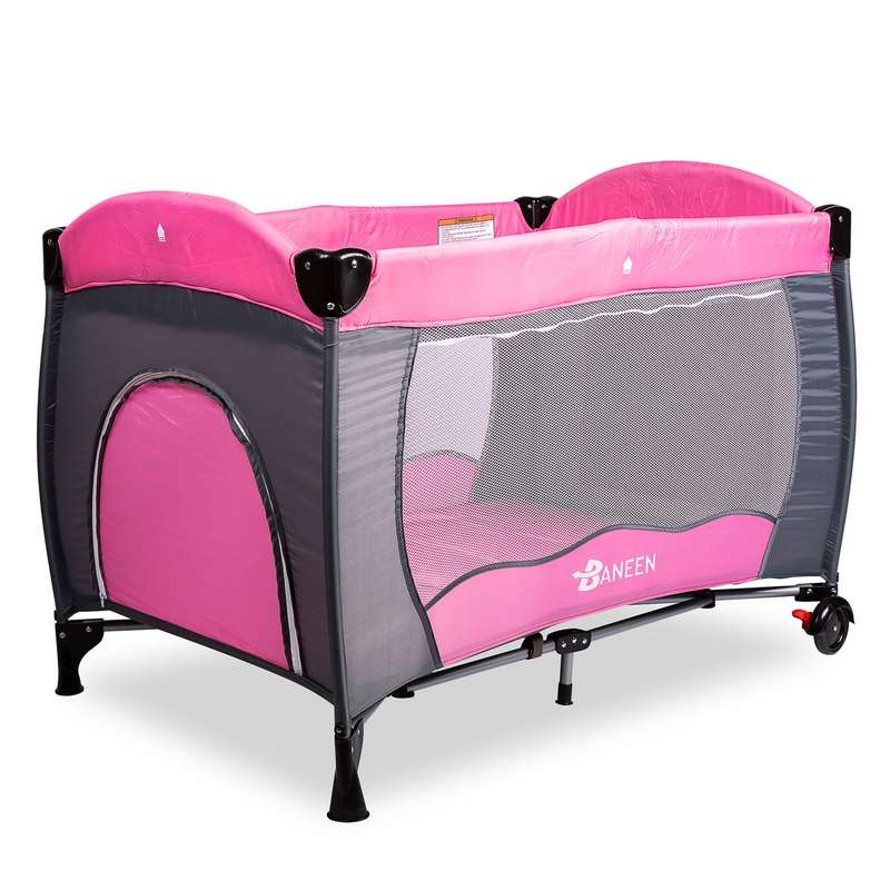 Baby Cot Crib w/ Diaper Changer, Net, Toys and Game Entrance - Pink