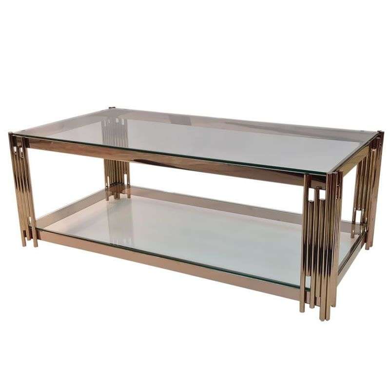 Gold Glass Top Coffee Table with Pipe Design Tubular Base