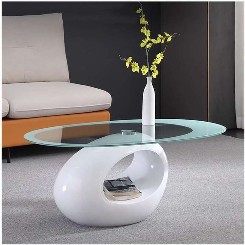 Coffee Tables - Oval Rounded Tempered Glass - White Colour