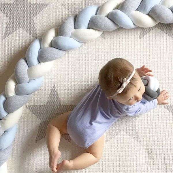 Baby Crib Bumper Knotted Braided Plush  GreyWhiteBlue