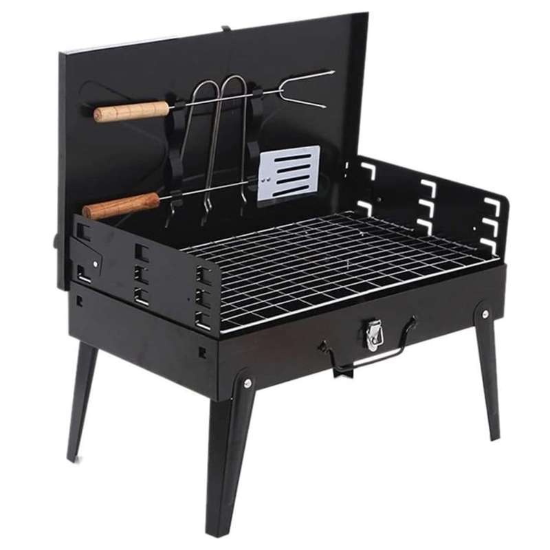 Portable Charcoal Grill Kit - Folding BBQ Grill with 1 Spatula, 1 Fork
