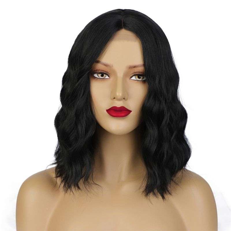 15 Inch Black Wavy Synthetic Middle Part Short Bob Wig For Women
