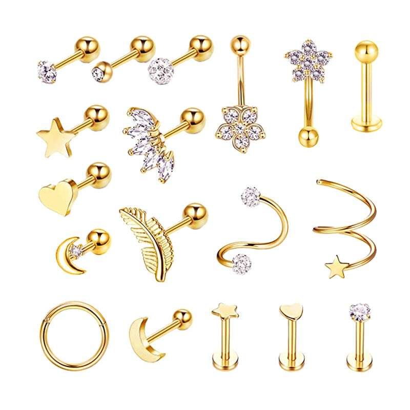 Bigfive 18 Pieces 16G Stud Tragus Piercing Jewelry Cartilage Earrings - Silver