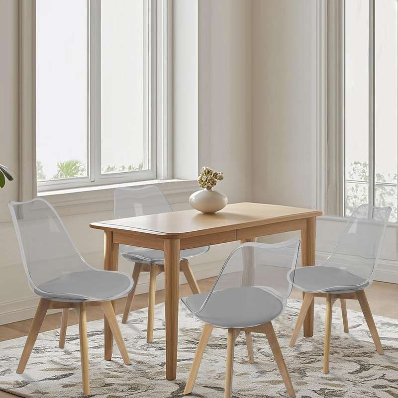 Modern transparent padded chairs with wooden legs-Black, white or grey - Grey - 6 Pack