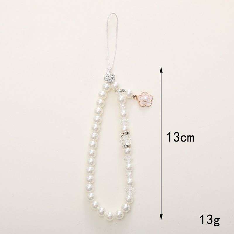 Beaded Crystal Pearls Phone Charm Chain with Patch - Black