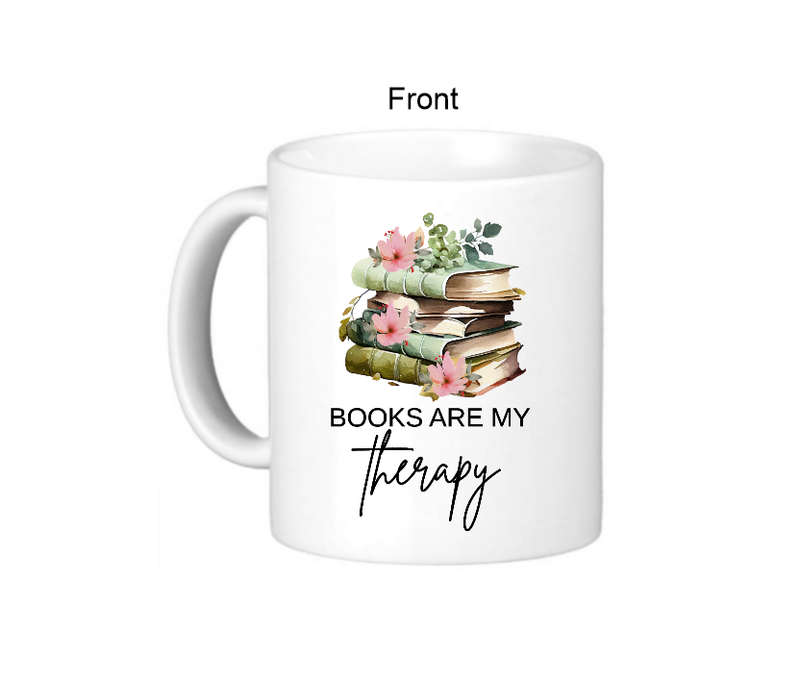 Books Are My Therapy Coffee Mug - Floral and Book Stack Design