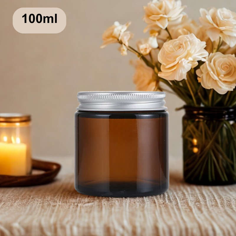Amber Glass Candle Jars with Silver Lids  Set of 4 (2 x 200ml & 2 x 100ml)