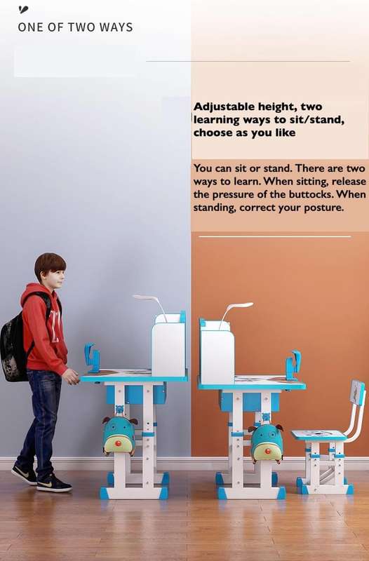 Children's Height Adjustable Desk and Chair Set with Shelf - Blue