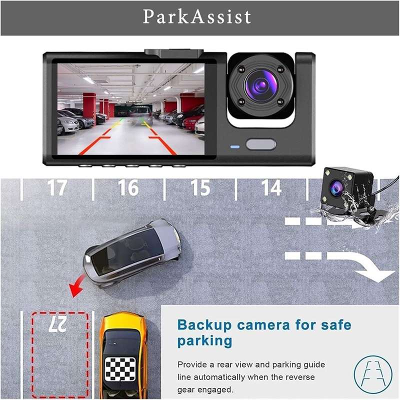 3 Channel DVR Dashcam with Front interior and Rear cameras AND 32GB TF Card